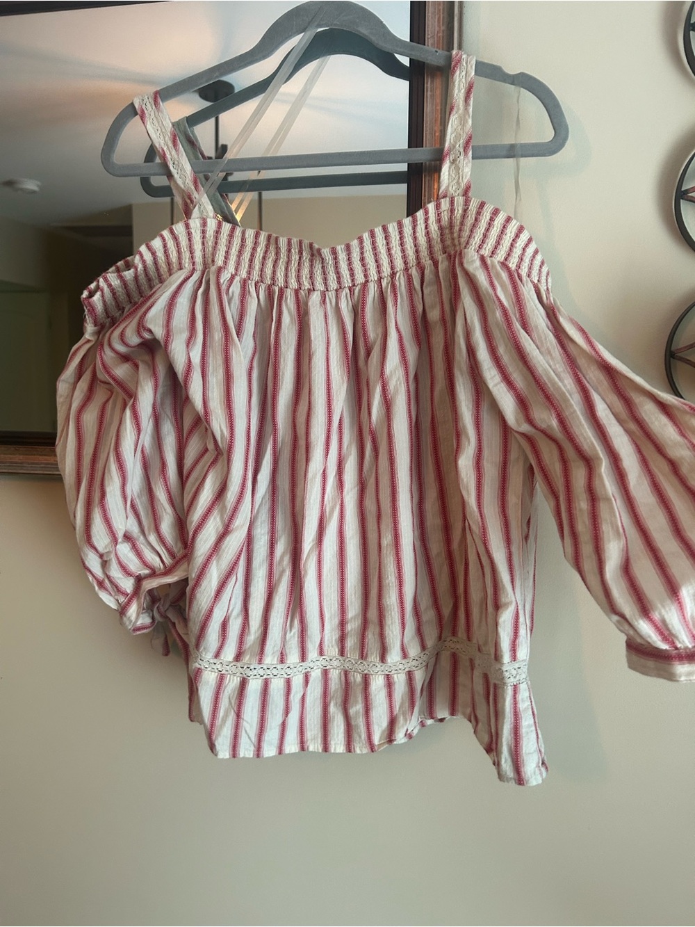 LC Lauren Conrad Cream Peasant Blouse with Red Stripes
